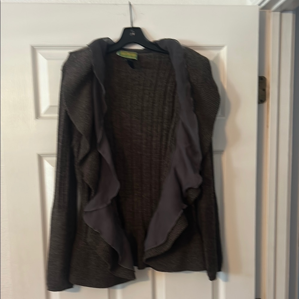Tracy Porter Ruffled Charcoal Gray Cardigan with Waterfall Front
